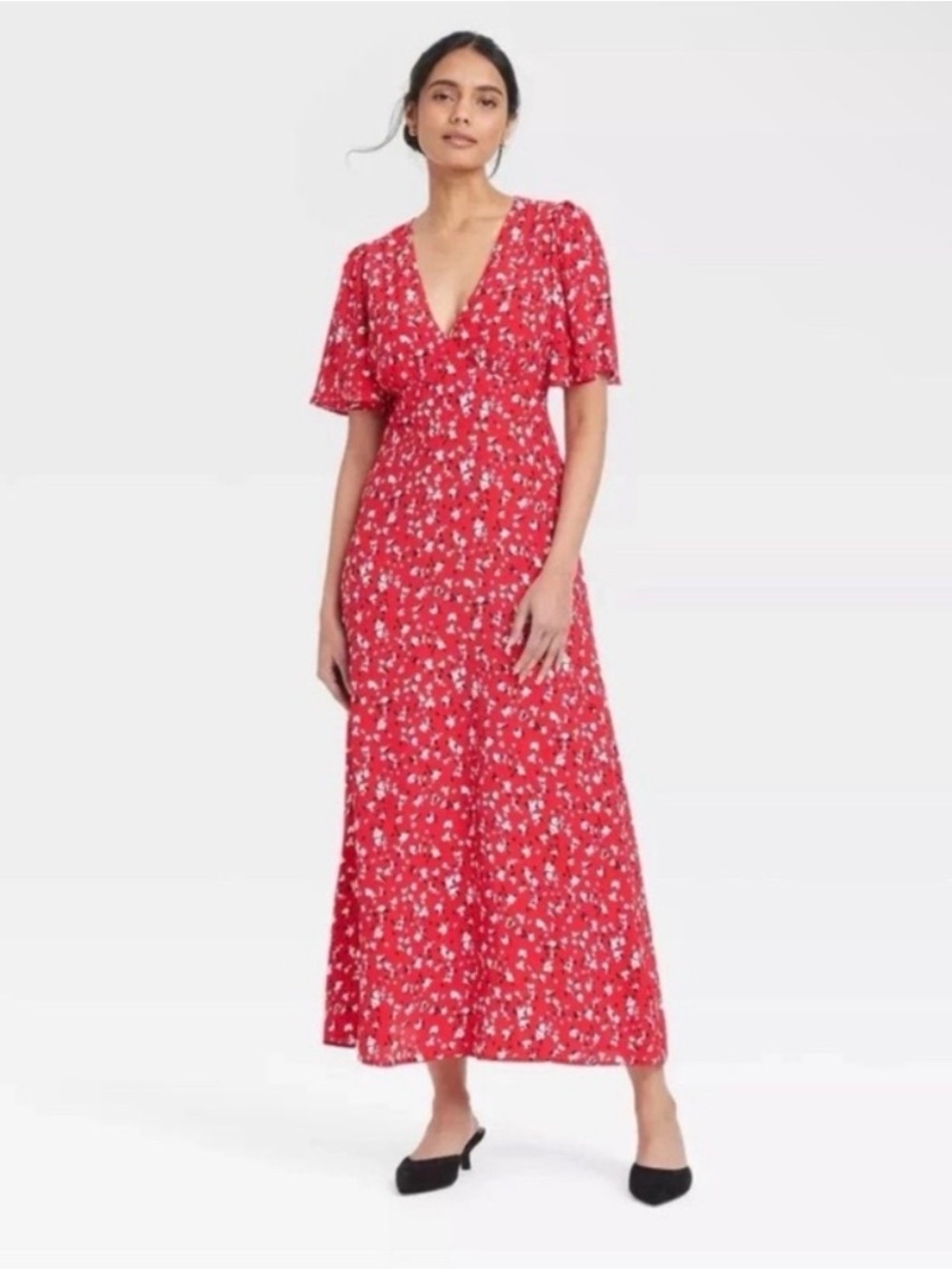 a new day Red Floral V-Neck Maxi Dress with Flutter Sleeves